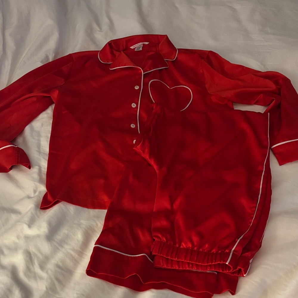 Victoria's Secret Red Satin Pajama Top with White Trim